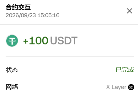A mobile app screenshot titled "合约交互" (Contract Interaction) dated 2026/09/23 shows a completed transaction for +100 USDT on the X Layer network.