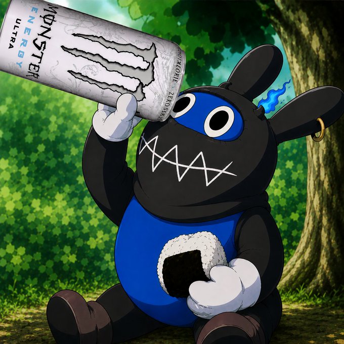 The image features a cartoon character, likely a monster or a robot, sitting down with a can of Monster energy drink in its hand. The character appears to be eating something out of the can while holding the drink. The background includes trees and bushes, creating an outdoor setting for this scene. The post suggests that the character should set their alarm as every ninja's morning alarm, which is a popular theme among fans of the "Star Wars" franchise.