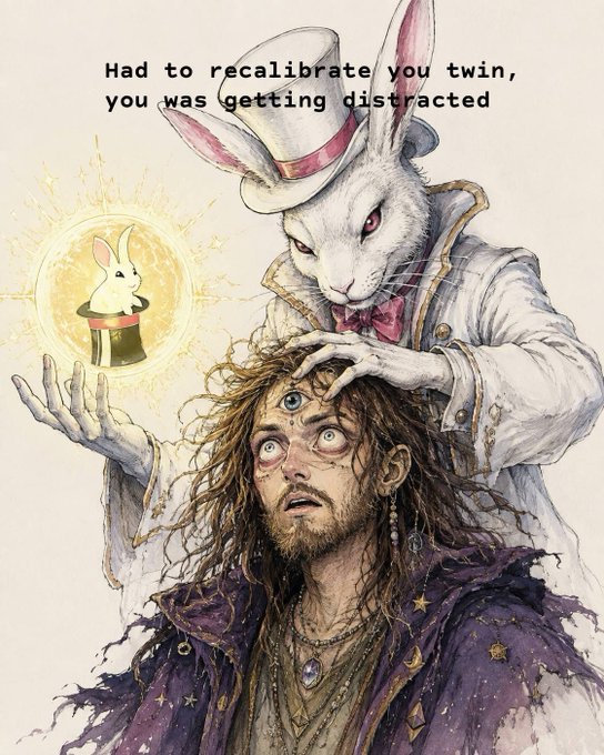A fantasy illustration of a white rabbit magician in a top hat manipulating a man's mind, pulling out a third eye, with the text 'Had to recalibrate you twin, you was getting distracted'.