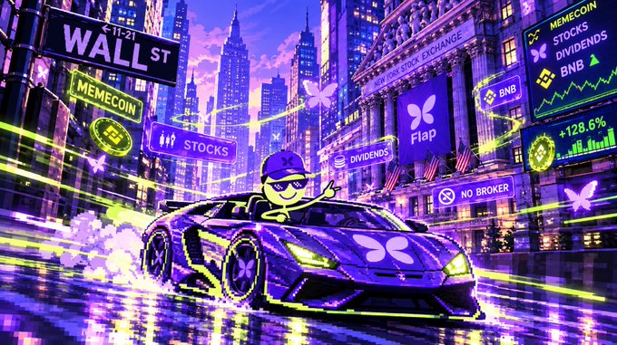 Vibrant neon illustration of a character in a Lamborghini driving through Wall Street, surrounded by meme-themed signs including 'MEMECOIN', 'STOCKS', 'DIVIDENDS', 'BNB', 'Flap', and 'NO BROKER' showing '+128.6%'.