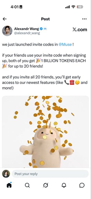 A screenshot of an X post by Alexandr Wang (@alexandr_wang) announcing invite codes for @Muse, where users can earn "1 BILLION TOKENS EACH" for inviting up to 20 friends, accompanied by an illustration of a smiling character being showered with gold coins.