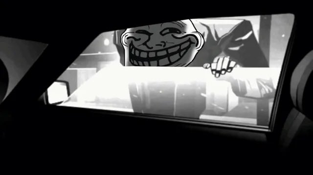 A black and white image showing the classic Trollface meme peering through what appears to be a window or opening, rendered in a dramatic, shadowy style.