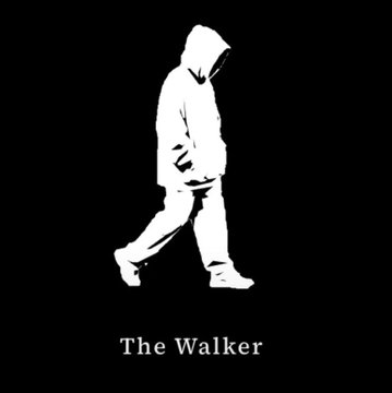 A high-contrast black and white silhouette shows a hooded figure mid-stride, captioned "The Walker" below, likely symbolizing movement or progress in the crypto/Ordinals scene mentioned in the accompanying post about new collections and tools.