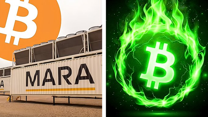 A split image showing MARA (Marathon Digital) mining containers with a Bitcoin logo on the left, and a glowing green Bitcoin symbol engulfed in flames on the right.