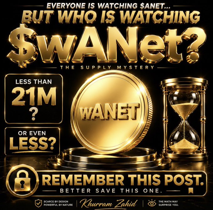 A gold-themed promotional graphic asks "Who is watching $WANet?" highlighting a "Supply Mystery" with claims of "Less than 21M" tokens and urging viewers to "Remember This Post. Better Save This One," signed by Khurram Zahid. The image visually reinforces the post's theme by presenting $WANet (referencing $ANET) as an overlooked token beside the prominent gold coin, using urgency-driven marketing language about limited supply.