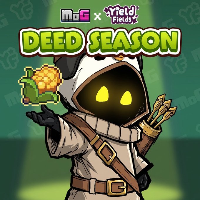 Game artwork promotes 'MoG x Yield Fields DEED SEASON', featuring a hooded character with glowing yellow eyes holding a pixelated sunflower and a quiver of arrows.