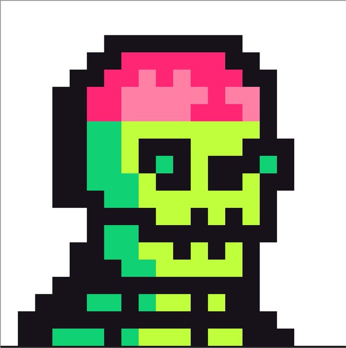 A pixel art character with a black hood, pink and green face, and green skeletal-style details.