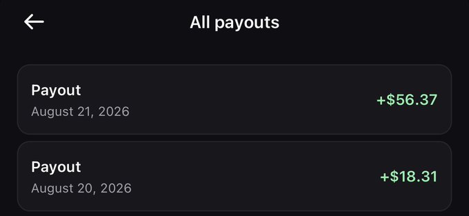 A mobile screenshot titled "All payouts" showing two earnings entries: a $56.37 payout on August 21, 2026, and an $18.31 payout on August 20, 2026. The image supports the post's claim about making "dinner money" by calling out trades on the pump app, visually demonstrating the small daily payouts users can earn.