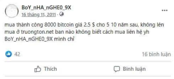 A Vietnamese Facebook post from November 16, 2011 by 'BoY_nHA_nGHE0_9X' claiming to have successfully purchased 8000 bitcoins for $2.5 each and offering to teach others.