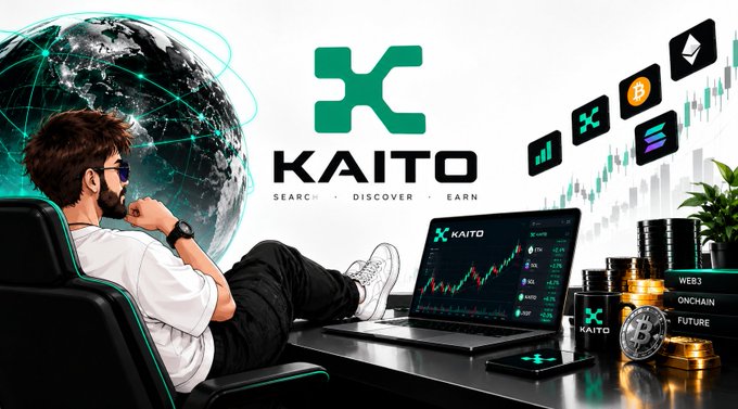 A promotional graphic for Kaito shows a relaxed man beside a crypto trading laptop, a digital globe, rising market charts, Bitcoin coins, and the slogan “SEARCH · DISCOVER · EARN.” Prominent KAITO branding ties the image to the post’s speculation about Kaito’s potential comeback after Aixs Robotics gained attention.