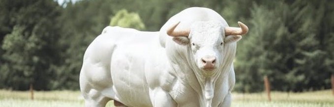 A close-up of a muscular white bull standing in a field with green trees in the background, commonly used to represent bullish market sentiment.