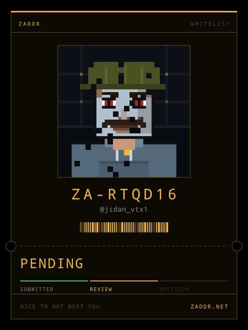 A digital ID card or whitelist entry for 'ZADDR' displays a pixel art character with ID 'ZA-RTQD16' and handle '@jidan_vtx1', marked as 'PENDING' through a progress bar showing 'SUBMITTED', 'REVIEW', and 'DECISION' stages, with 'NICE TO NOT MEET YOU.' and 'ZADDR.NET' at the bottom.