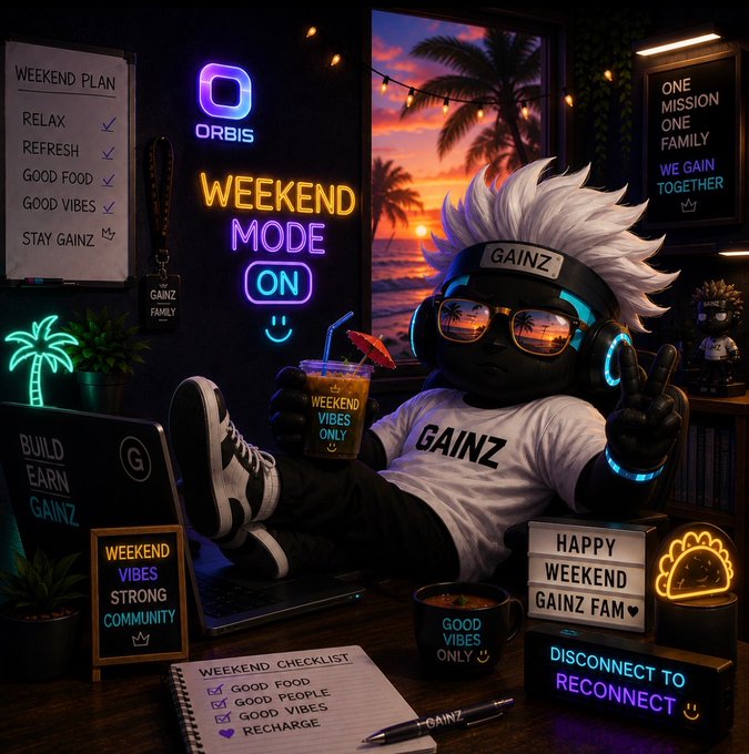 A vibrant neon-lit digital illustration of a cartoon character wearing a 'GAINZ' headband, sunglasses, and a 'GAINZ' t-shirt, relaxing in a tropical-themed room. Various signs and notes read 'WEEKEND MODE ON,' 'WEEKEND PLAN,' 'BUILD EARN GAINZ,' and 'GOOD VIBES ONLY.'