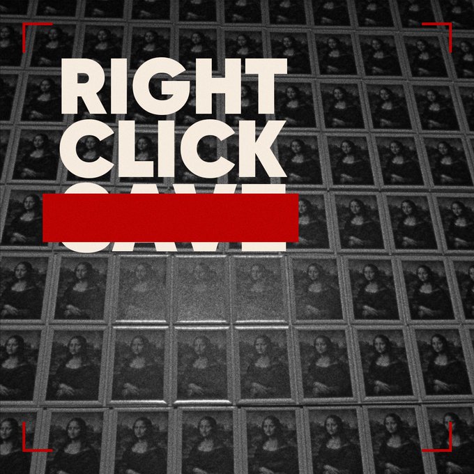 A dark, gridded wallpaper of repeated Mona Lisa portraits forms the background, overlaid with bold cream text reading "RIGHT CLICK SAVE," where "SAVE" is redacted by a thick red bar, framed by camera-style crop marks. The design visually echoes the post's theme of digital manipulation and control—mimicking the right-click interface prompt while the redaction symbolizes how easily freedom and truth can be censored or overwritten online.
