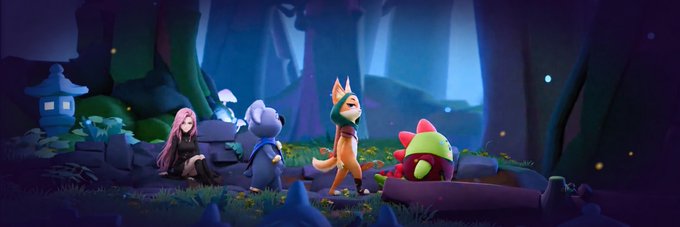 A stylized 3D-rendered fantasy forest scene featuring a pink-haired girl, a koala, a fox-like creature, and a spiky red creature gathered on a log with soft glowing lights.