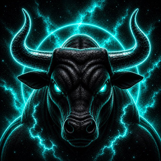 Digital artwork of a dark, textured bull's head with glowing cyan eyes and horns, set against a cosmic background with a glowing blue ring and electric lightning effects.