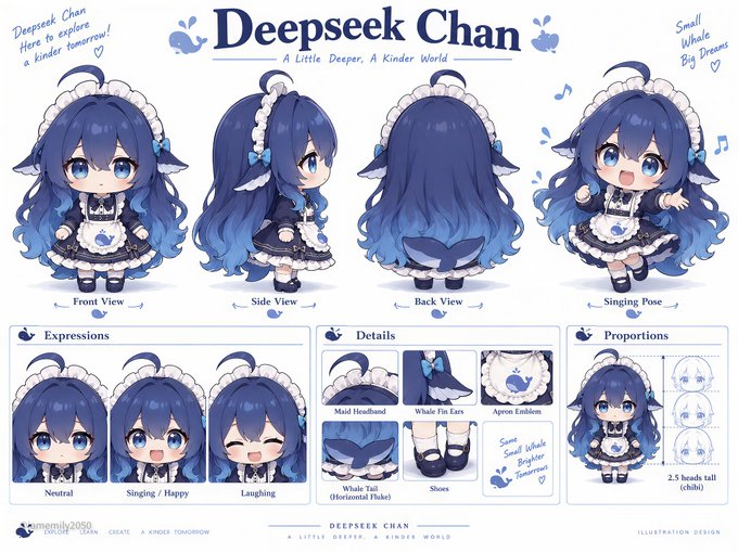 This image is a character design sheet titled "Deepseek Chan" featuring a chibi-style whale-themed mascot with long blue hair and a maid outfit, shown from multiple angles (Front, Side, Back, and Singing Pose), with additional sections displaying various expressions, detailed costume elements, and a 2.5 head-tall chibi proportion diagram. The tagline reads "A Little Deeper, A Kinder World" with notes like "Here to explore a kinder tomorrow!" and "Small Whale Big Dreams," making it a fitting visual representation of the AI character gaining viral popularity on Douyin.