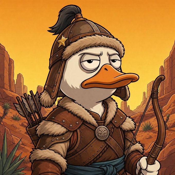 An illustrated duck wearing fur-trimmed leather armor and a plumed helmet holds a bow and arrows in a desert landscape at sunset.