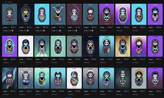 A grid display of 'Lunar' NFT cards, each priced in ETH, showing a hooded figure with a moon on different colorful backgrounds.