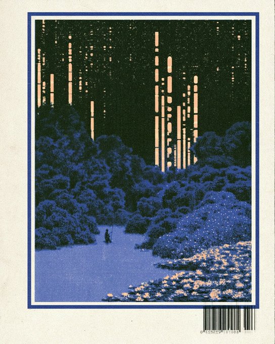 A traditional Japanese-style woodblock print depicting a nighttime landscape with glowing lights reflecting over water and dark blue forests.