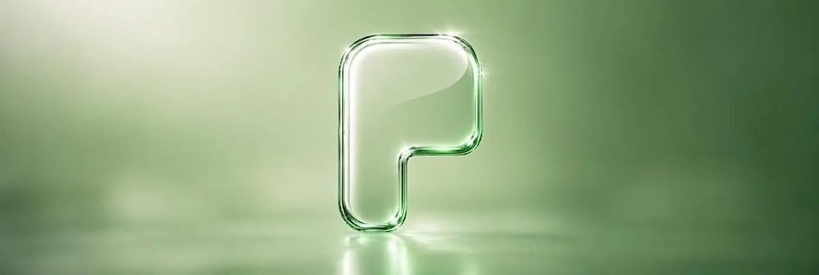 A 3D render of a translucent, glass-like letter 'P' glowing against a soft green gradient background.