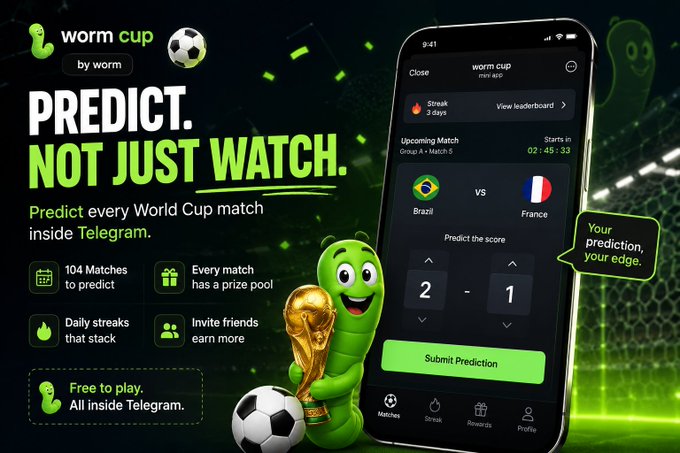 A promotional graphic for 'worm cup' by worm, a Telegram mini app, encouraging users to 'PREDICT. NOT JUST WATCH.' for World Cup matches, showing a Brazil vs. France match prediction of 2-1.