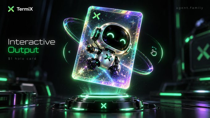 A TermiX promotional graphic displaying an 'Interactive Output $1 holo card' featuring a holographic card with a green robot character on a futuristic pedestal.