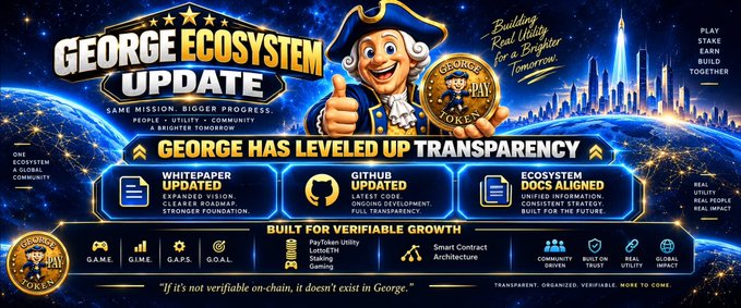 A promotional graphic titled "GEORGE ECOSYSTEM UPDATE" featuring a mascot character holding a "GEORGE PAY TOKEN" coin, with sections highlighting updates to the Whitepaper, GitHub, and Ecosystem Docs, alongside a "BUILT FOR VERIFIABLE GROWTH" banner listing components like G.A.M.E., G.I.M.E., G.A.P.S., and GOAL—aligning with the post's discussion of the GEORGE_FOC project's G.A.M.E. (George Autonomous Market Engine) infrastructure progress toward production readiness.