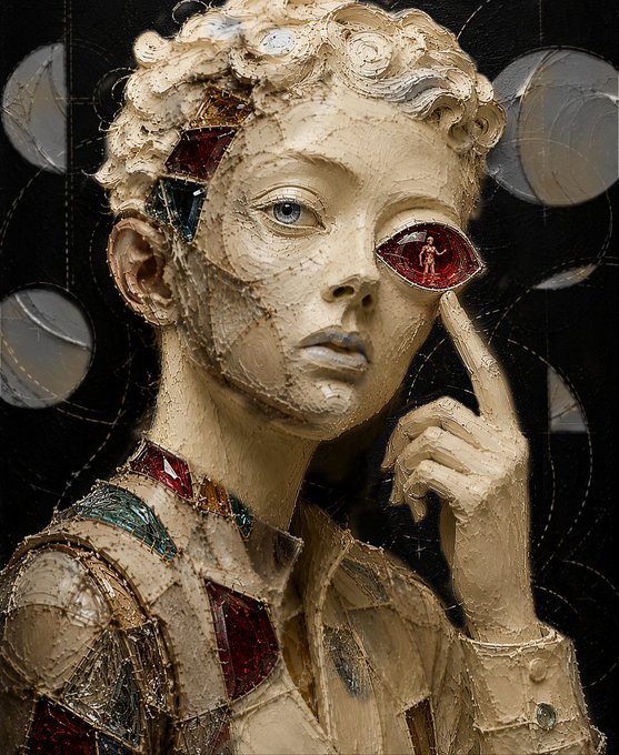 A mixed-media portrait painting of a figure with curly hair and textured, fragmented clothing, featuring a red eye-like shape that contains a small human figure, set against a dark background with circular forms.