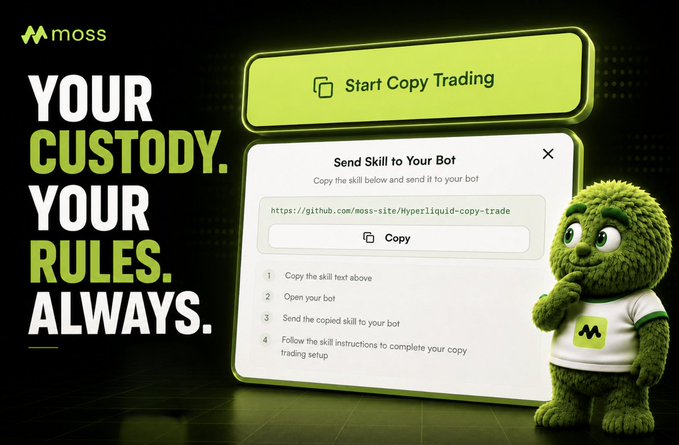 The image shows a toy teddy bear standing next to a computer screen that displays a trading platform with instructions to copy rules into a virtual wallet. The text accompanying the illustration reads, "Your funds never leave your wallet. Connect Hyperliquid via OpenClaw or Claude Code, pick any agent running on Moss, and it trades for you." The stuffed animal appears confused and unsure of what to do in this situation.