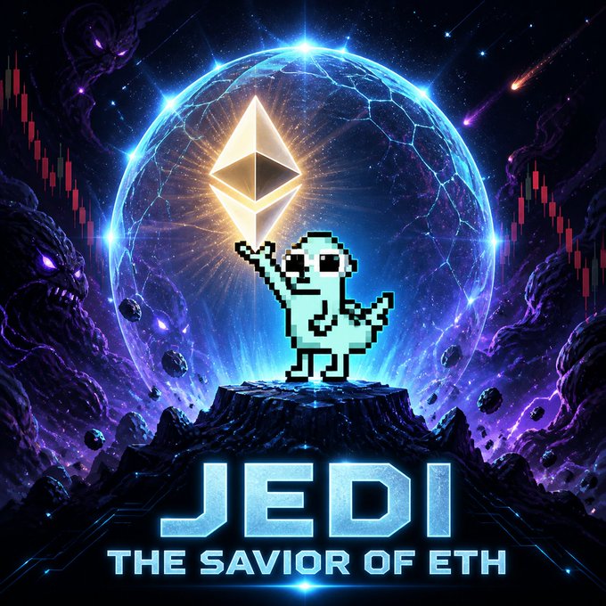 A vibrant digital artwork titled "JEDI THE SAVIOR OF ETH" features a pixelated dinosaur character standing on a rocky outcrop holding an Ethereum logo, set against a cosmic purple background with monstrous figures and stock chart elements.