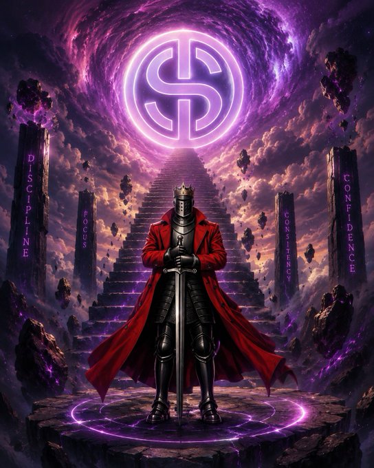 A crowned knight in a red cloak stands before a glowing purple emblem with the intertwined letters "S" and "H" at the top of a staircase, flanked by pillars inscribed with "DISCIPLINE," "CONFIDENCE," "CONSISTENCY," and "FOCUS." The image visually reinforces the post's message about $STKR, projecting a regal, aspirational brand identity tied to disciplined growth and crypto success.