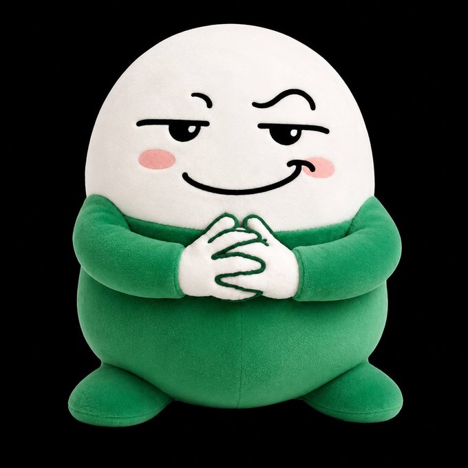 A round, egg-shaped plush toy with a smug, scheming expression, wearing a green outfit and clasping its white-gloved hands together in an evil-genius pose, matching the mischievous "Hmmmmmmmmm ;)" caption referencing the $cupsey meme coin.