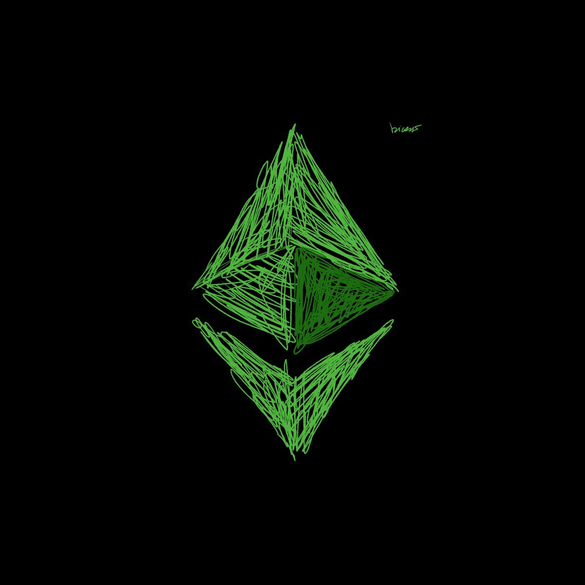 The image features a green token symbol that resembles an ether token, outlined by thin white lines against a black background. The token consists of a triangular shape with a pointed end at the base. Below the main token, there's another token represented in a stylized form. This additional token can be seen as a smaller version of the main one, suggesting it might be associated with the same company or project. The image also contains some text that reads "Ethereum token by Bicasso" and "0.11 ETH Link transient".