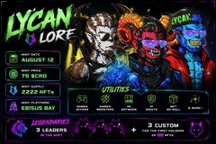 A promotional graphic for 'LYCAN LORE' NFT collection featuring stylized werewolf artwork, advertising 75 ECHO mint price, 2222 NFT supply, a 20 ETH bonus bay, 3 leaders, and 3 custom utilities.