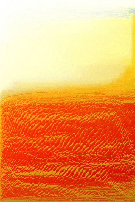 An abstract digital artwork featuring a warm gradient from yellow at the top to orange and red at the bottom with textured, rippled patterns.