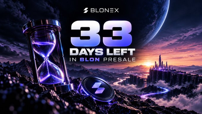 A promotional graphic for BLONEX features an hourglass and glowing coin against a sci-fi landscape, with text reading '33 DAYS LEFT IN BLON PRESALE.'