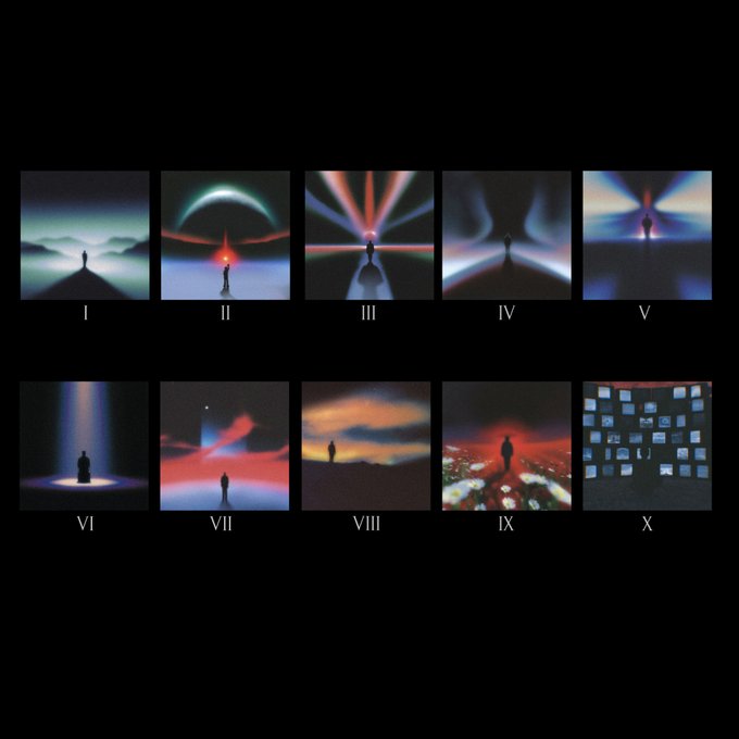 A grid of ten album cover thumbnails labeled with Roman numerals I through X, each showing a silhouetted figure against various colorful, atmospheric backdrops.