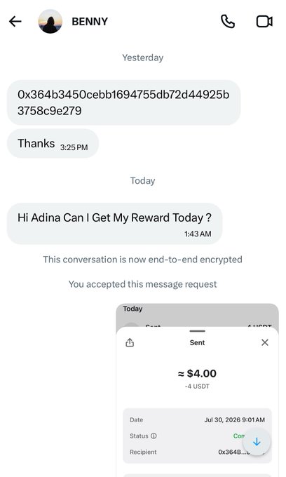 A screenshot of a WhatsApp conversation with "BENNY" showing a $4.00 (4 USDT) crypto transaction sent to wallet address 0x364b...e279, with the caption "Congrats" celebrating the successful transfer.