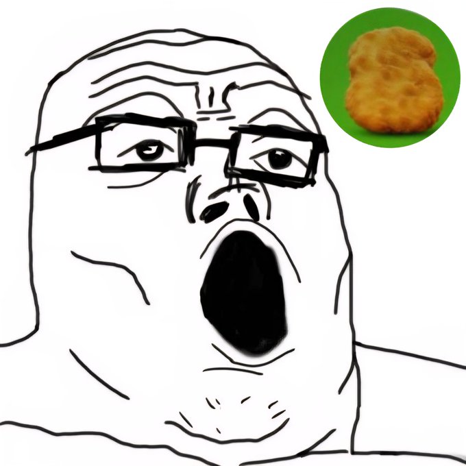 Meme image of a black-and-white drawn shocked face wearing glasses with an open mouth, paired with a green circle containing a chicken nugget in the upper right corner.