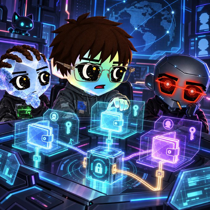 A digital illustration of chibi-style characters in a cyberpunk setting, featuring a boy with glasses manipulating glowing blue padlock icons on a holographic interface, alongside an ice-textured character and a robot with red glowing eyes.