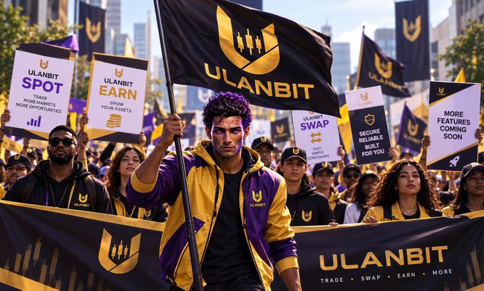 A promotional image shows people in purple and yellow ULANBIT branded clothing holding flags and signs reading 'SPOT', 'EARN', 'SWAP', 'SECURE RELIABLE BUILT FOR YOU', and 'MORE FEATURES COMING SOON'.