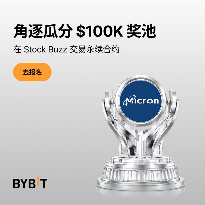 An advertisement for Bybit's trading competition features a silver trophy displaying the Micron logo, with Chinese text announcing a $100K prize pool for Stock Buzz perpetual contracts.