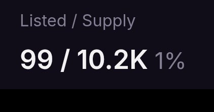A dark screen showing supply metrics with text 'Listed / Supply' displaying '99 / 10.2K' and '1%'.