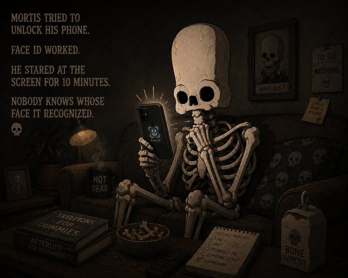 A humorous illustration of a skeleton sitting on a couch trying to unlock a phone with Face ID, with text reading 'MORTIS TRIED TO UNLOCK HIS PHONE. FACE ID WORKED. HE STARED AT THE SCREEN FOR 10 MINUTES. NOBODY KNOWS WHOSE FACE IT RECOGNIZED.' and various skull-themed decorations.