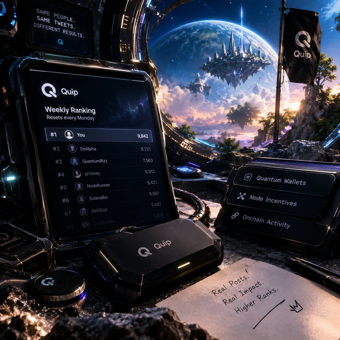 A digital display device showing the 'Quip' app's 'Weekly Ranking' leaderboard (top user 'You' with 9,842 points), set against a fantasy sci-fi landscape with floating castles and planets, alongside a note reading 'Real Posts. Real Impact. Higher Ranks.'
