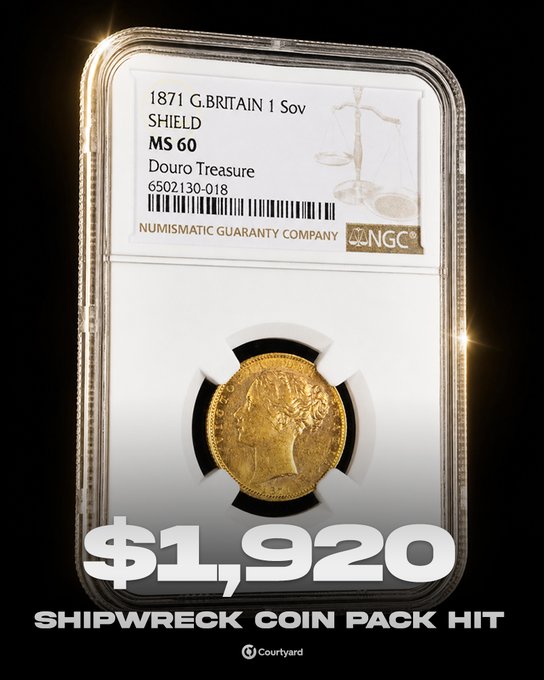 A NGC-graded 1871 Great Britain Shield Sovereign (MS 60) from the Douro Treasure, certified as 6502130-018, is displayed in its slab with a value of $1,920, illustrating a shipwreck coin pack hit.