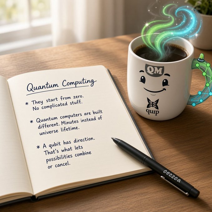 An open notebook titled "Quantum Computing" lists handwritten notes about qubits alongside a smiling mug labeled "QM" that emits swirling, colorful steam.