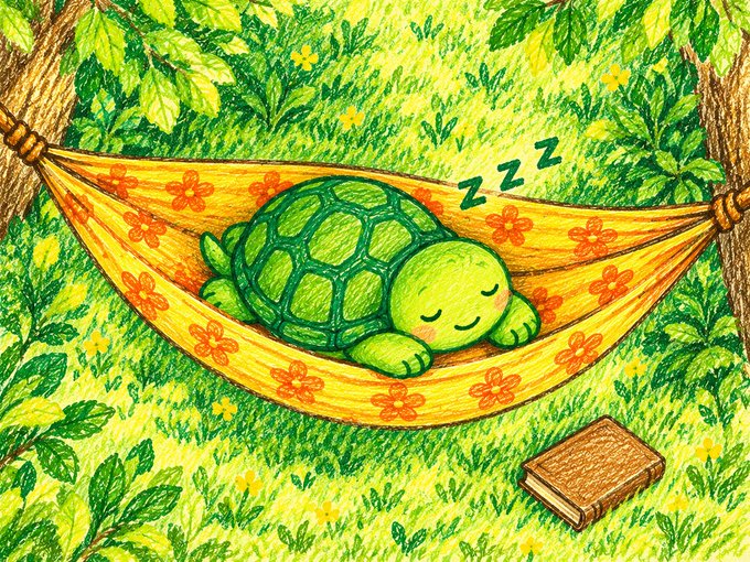 A colorful illustrated green turtle sleeps in a yellow hammock tied between trees in a leafy forest, with “Zzz” above it and a closed book on the grass nearby.
