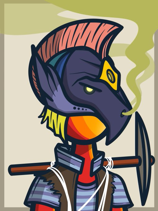 A stylized cartoon illustration of a warrior character with purple skin, a red mohawk, and yellow accents, carrying a pickaxe and wearing striped armor.